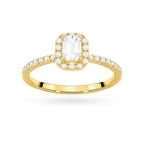 Pierścionek z żółtego złota z diamentem laboratoryjnym 0,50ct w szlifie emerald oprawa halo z kamieniami na szynie P0318.Z3.LDW.03 marko