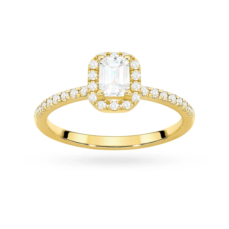 Pierścionek z żółtego złota z diamentem laboratoryjnym 0,50ct w szlifie emerald oprawa halo z kamieniami na szynie P0318.Z3.LDW.03 marko