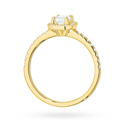 Pierścionek z żółtego złota z diamentem  laboratoryjnym 0,50ct w szlifie emerald oprawa halo z kamieniami na szynie