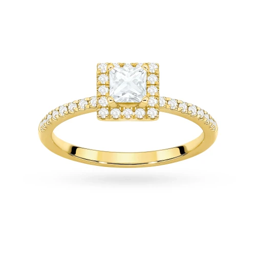 Pierścionek z żółtego złota z diamentem 0,50ct w szlifie princess oprawa halo z kamieniami na szynie P0320.Z3.DIW.03 marko