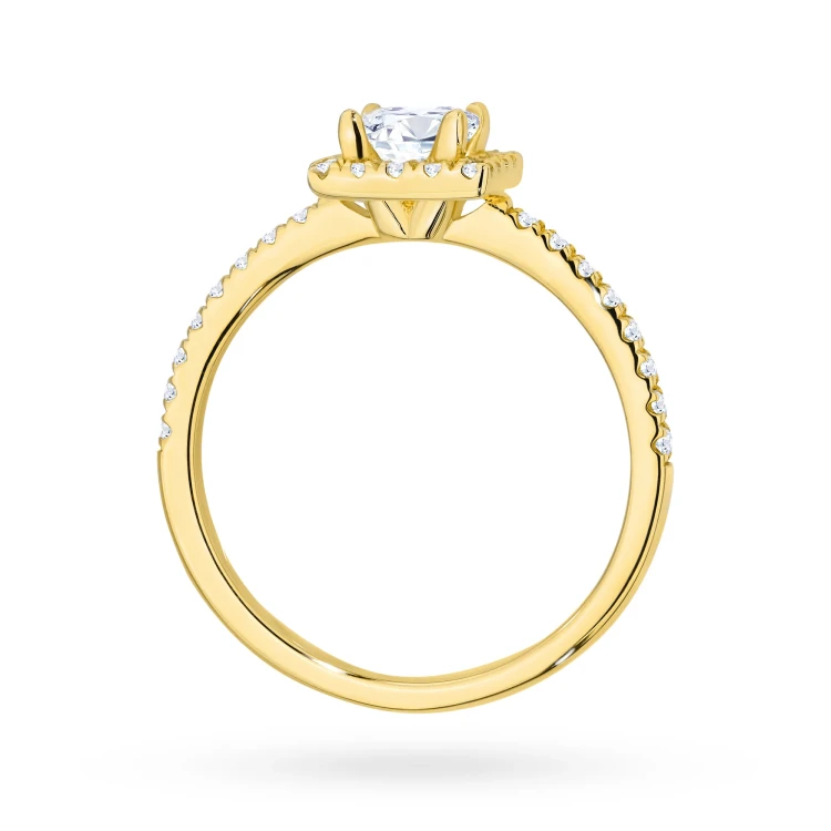 Pierścionek z żółtego złota z diamentem 0,50ct w szlifie princess oprawa halo z kamieniami na szynie P0320.Z3.DIW.03 marko