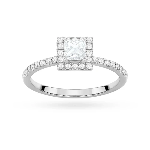 Pierścionek z białego złota z diamentem laboratoryjnym 0,50ct w szlifie princess oprawa halo z kamieniami na szynie P0320.B3.LDW.03 marko