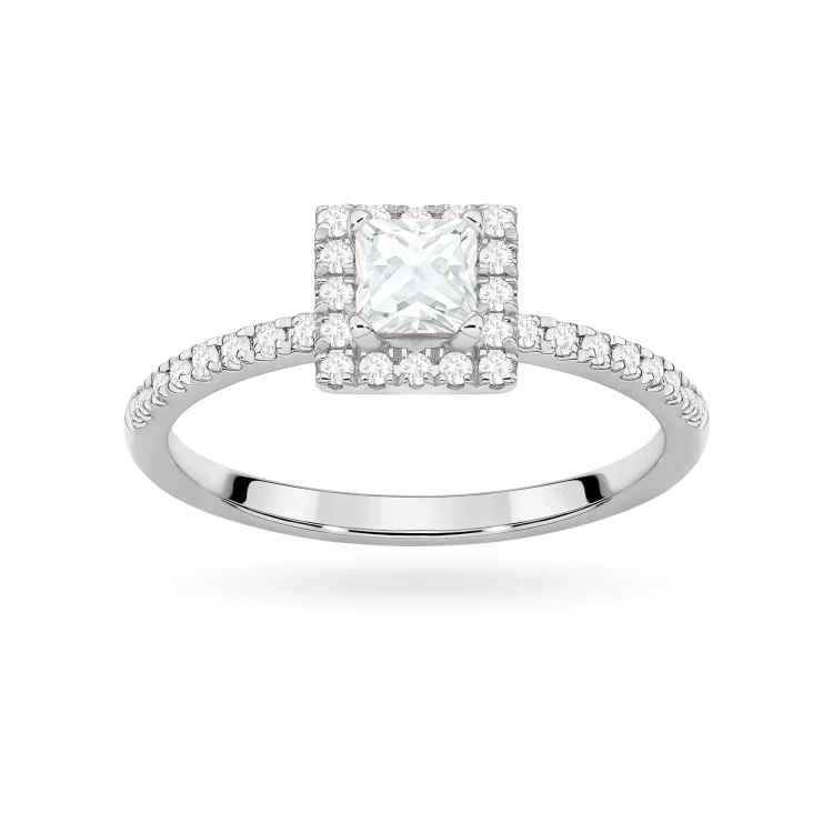 Pierścionek z białego złota z diamentem laboratoryjnym 0,50ct w szlifie princess oprawa halo z kamieniami na szynie P0320.B3.LDW.03 marko