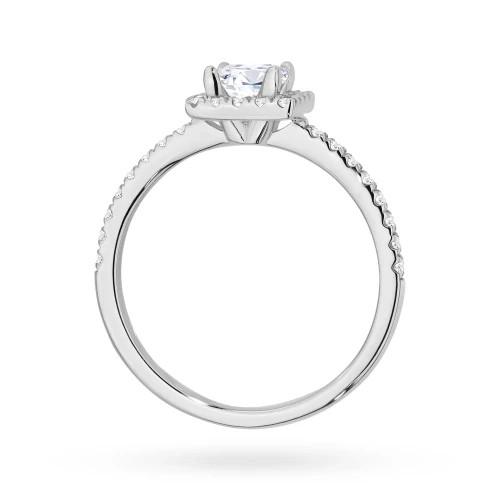 Pierścionek z białego złota z diamentem  0,50ct w szlifie princess oprawa halo z kamieniami na szynie