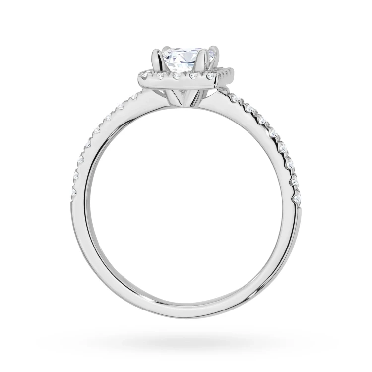 Pierścionek z białego złota z diamentem 0,50ct w szlifie princess oprawa halo z kamieniami na szynie P0320.B3.DIW.03 marko