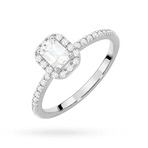 Pierścionek z białego złota z diamentem laboratoryjnym 0,50ct w szlifie emerald oprawa halo z kamieniami na szynie P0318.B3.LDW.03 marko