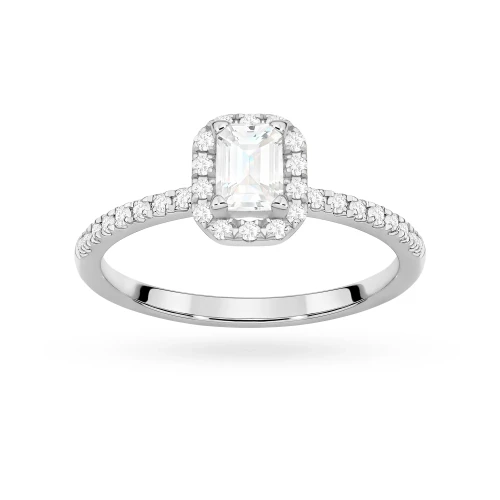 Pierścionek z białego złota z diamentem laboratoryjnym 0,50ct w szlifie emerald oprawa halo z kamieniami na szynie P0318.B3.LDW.03 marko