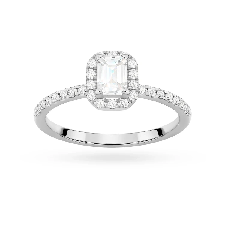 Pierścionek z białego złota z diamentem laboratoryjnym 0,50ct w szlifie emerald oprawa halo z kamieniami na szynie P0318.B3.LDW.03 marko