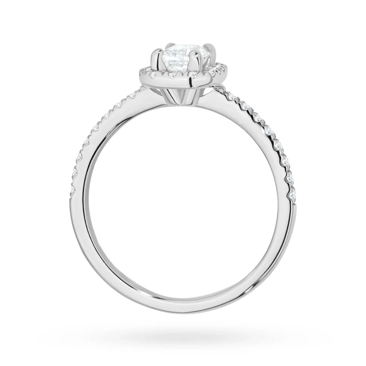 Pierścionek z białego złota z diamentem 0,50ct w szlifie emerald oprawa halo z kamieniami na szynie P0318.B3.DIW.03 marko