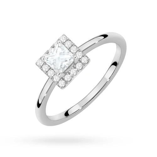 Pierścionek z białego złota z diamentem  0,50ct w szlifie princess w oprawie halo