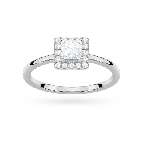 Pierścionek z białego złota z diamentem 0,50ct w szlifie princess w oprawie halo P0315.B3.DIW.03 marko