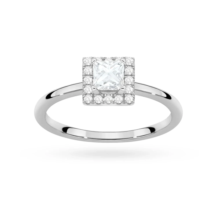 Pierścionek z białego złota z diamentem 0,50ct w szlifie princess w oprawie halo P0315.B3.DIW.03 marko