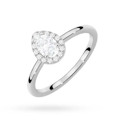 Pierścionek z białego złota z diamentem  0,50ct w szlifie łezka w oprawie halo