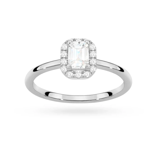 Pierścionek z białego złota z diamentem laboratoryjnym 0,50ct w szlifie emerald w oprawie halo P0313.B3.LDW.03 marko