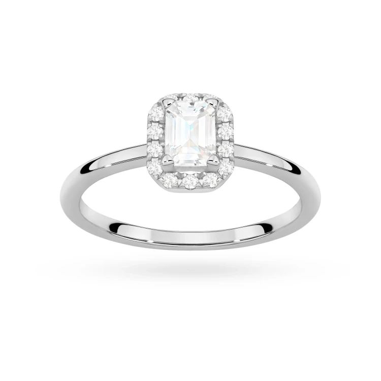 Pierścionek z białego złota z diamentem laboratoryjnym 0,50ct w szlifie emerald w oprawie halo P0313.B3.LDW.03 marko