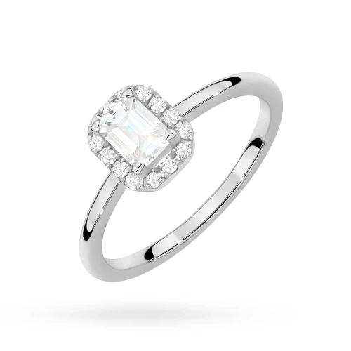 Pierścionek z białego złota z diamentem  0,50ct w szlifie emerald w oprawie halo