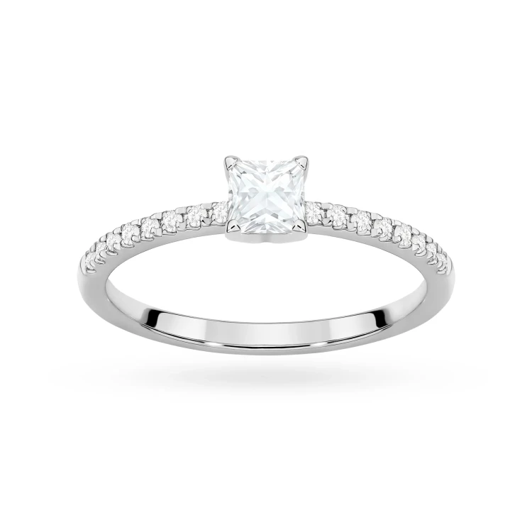 Pierścionek z białego złota z diamentem 0,50ct w szlifie princess z kamieniami na szynie P0310.B3.DIW.03 marko