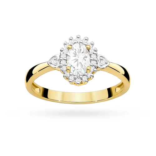 Złoty pierścionek zaręczynowy z owalnym diamentem Lab Diamonds otoczonym brylantami w kształcie kwiatka, kwiatek markiza i serca, prezentowany na białym tle produktu W0312.Z3.LDW.01