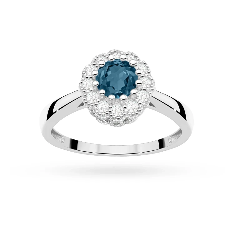 Białe złoto pierścionek zaręczynowy z topazem London Blue 0,50ct i brylantami Dynastia