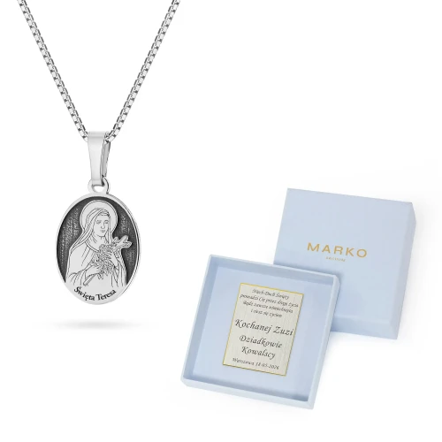 Srebrny komplet żłobiony medalik Święta Teresa na łańcuszku D129-925-S-L100 marko