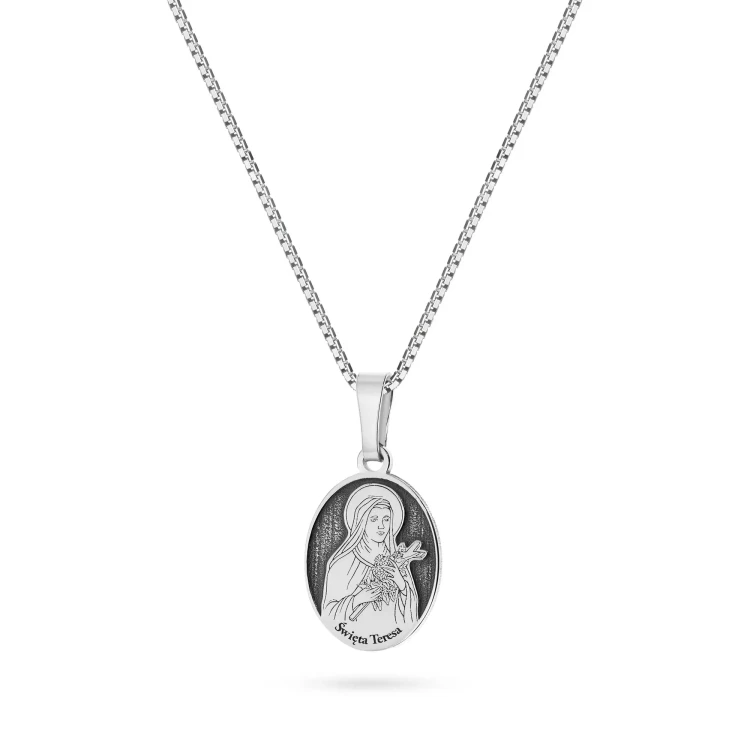 Srebrny komplet żłobiony medalik Święta Teresa na łańcuszku D129-925-S-L100 marko