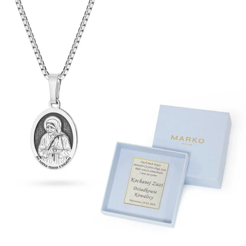 Srebrny komplet żłobiony medalik Święta Matka Teresa z Kalkuty na łańcuszku D131-925-S-L100 marko