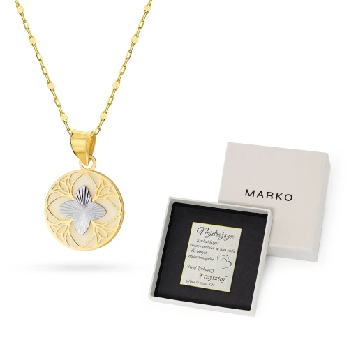 Złoty komplet zawieszka diamentowany kwiatek z masą perłową na łańcuszku Z374-585-B-L158 marko