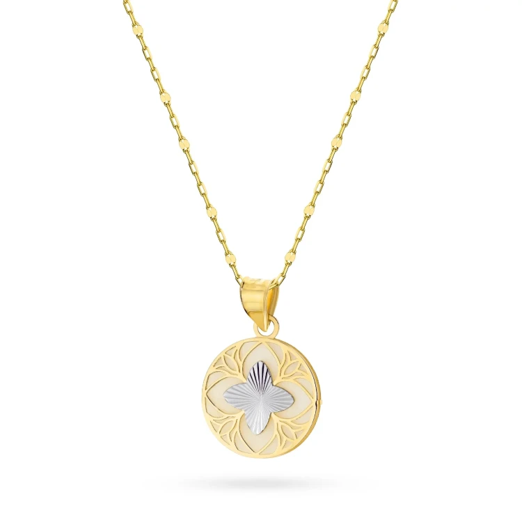 Złoty komplet zawieszka diamentowany kwiatek z masą perłową na łańcuszku Z374-585-B-L158 marko