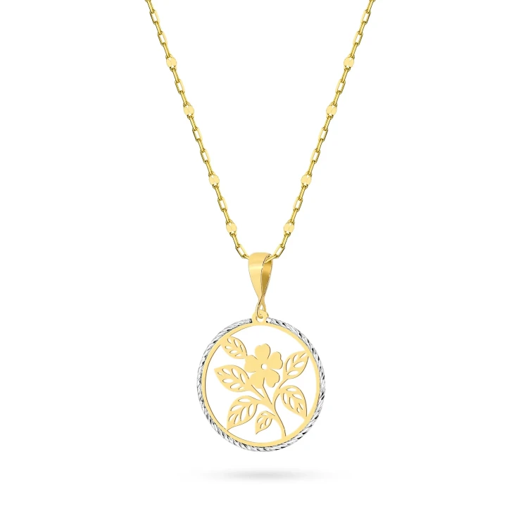 Złoty naszyjnik zawieszka ażurowy medalik kwiaty na łańcuszku diamentowany ankier Z787-333-L158 marko