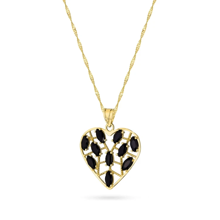 Złoty komplet wisiorek ażurowe serce z czarnymi cyrkoniami na łańcuszku Z289-585-CZ-L001 marko