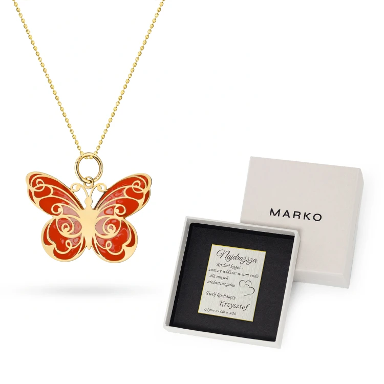 Złoty komplet łańcuszek zawieszka emaliowany czerwono różowy motyl Z687-585-C-L046 marko