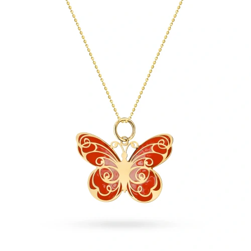 Złoty komplet łańcuszek zawieszka emaliowany czerwono różowy motyl Z687-585-C-L046 marko