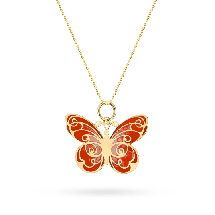 Złoty komplet łańcuszek zawieszka emaliowany czerwono różowy motyl Z687-585-C-L046 marko