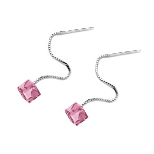 Srebrne przewlekane kolczyki z różowymi kryształkami Swarovski