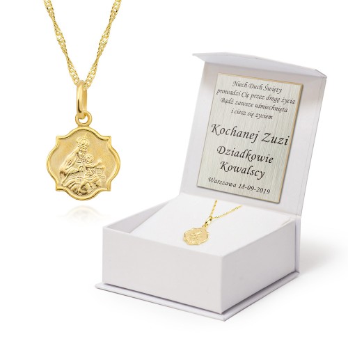 Złoty komplet medalik Matka Boska Szkaplerzna z łańcuszkiem na chrzest komunia DK064-585-L001-45 marko