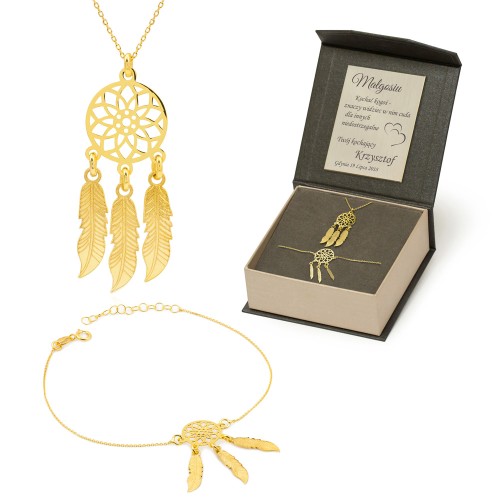 Złoty naszyjnik i bransoletka Łapacz Snów Dreamcatcher N226-B356-585 pudełko