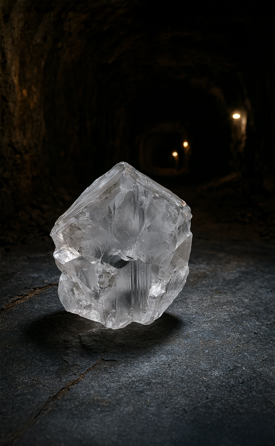 duży nieoszlifowany diament w ciemnym korytarzu kopalni 